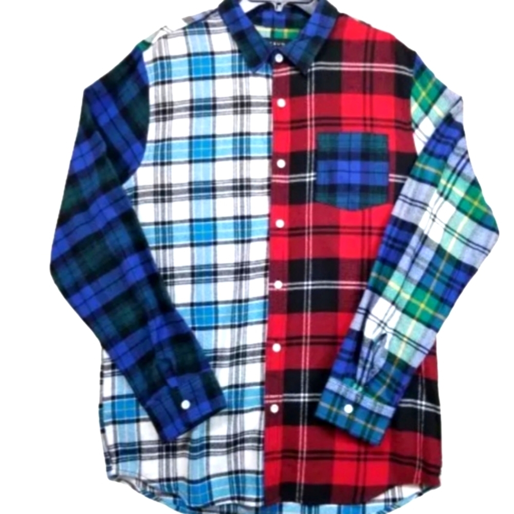 PacSun Long Sleeve Flannel Shirt Men's Large Blue Red White Plaid Patchwork